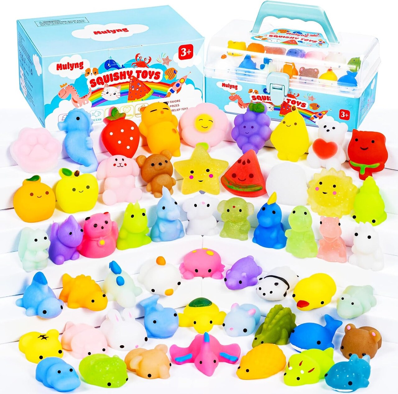 80-Pack Mochi Squishy Toys – Kawaii Fidget Toys for Kids, Party Favors, Christmas, Birthday, Easter Goodie Bag Fillers, Classroom Prizes, Comes with Storage Box, No Duplicates